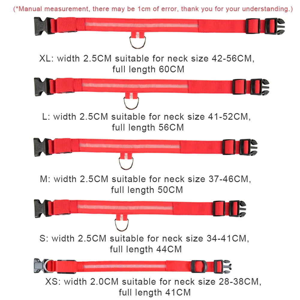GlowPup sizing chart for XS to L dog collars