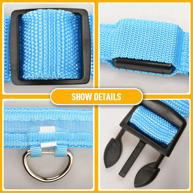 Collage of a blue belt with black buckle and metal ring